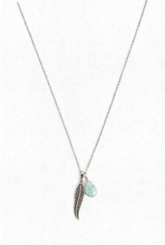 Burnished Faux Stone & Feather Charm Necklace