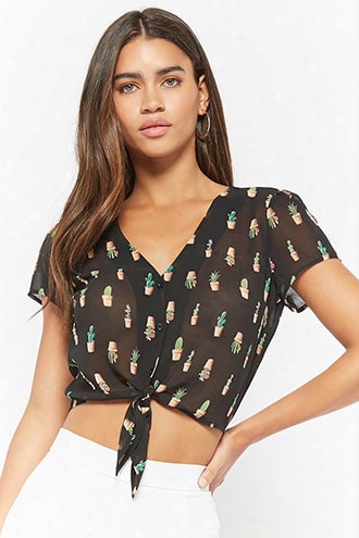 Cactus Print Tie-front Top