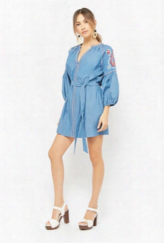 Embroidered Chambray Peasant Dress