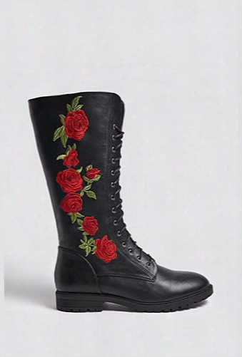 Embroidered Faux Leather Boots