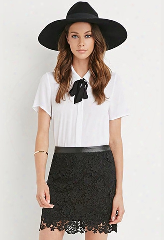 Faux Leather-trimmed Crochet Skirt