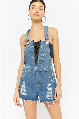 Lace-up Distressed Denim Overall Shorts