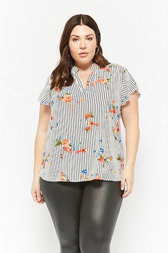 Plus Size Floral Print Striped Crepe Top