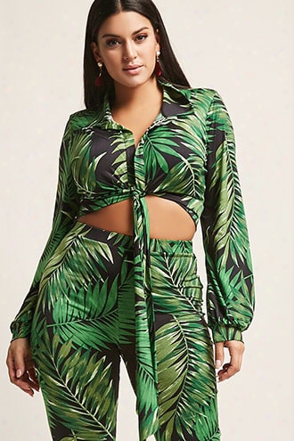 Plus Size Palm Leaf Print Tie-front Crop Top