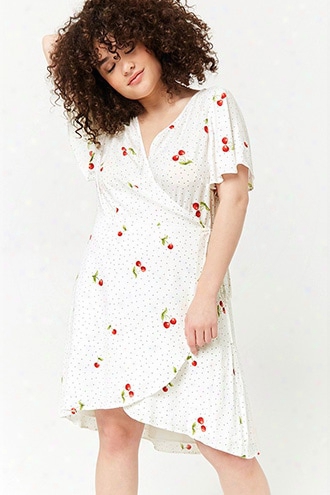 Plus Size Polka Dot & Cherry Print Wrap Dress