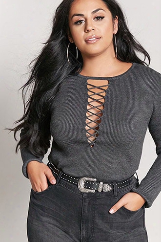 Plus Size Ribbed Knit Lace-up Sweater