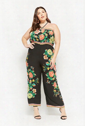 Plus Size Strapless Floral Wide-leg Jumpsuit