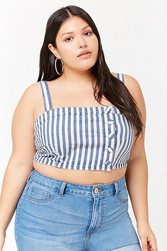 Plus Size Striped Button-front Crop Top