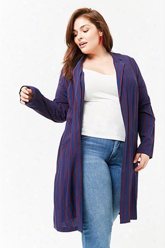 Plus Size Stripd Open-front Duster