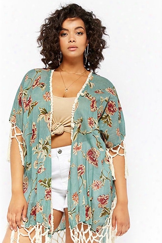 Plus Size Z&l Europe Floral Fringe-trim Kimono