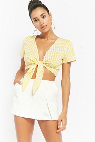 Reverse Gingham Tie-front Crop Top