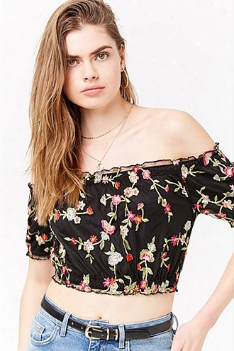 Sheer Floral Off-the-shoulder Crop Top