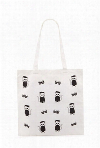 Beret Cat Print Tote Bag