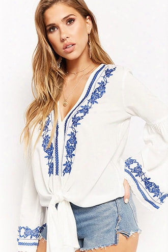 Embroidered Floral Tie-front Top