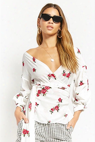 Embroidered Rose Surplice Top