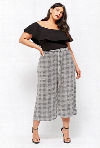 Plus Size Belted Glen Plaid Culottes