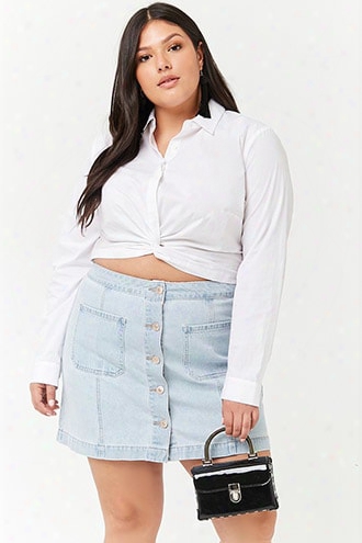 Plus Size Button-front Denim Skirt