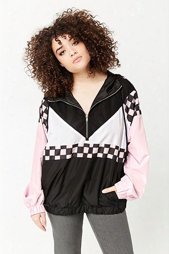 Plus Size Checkered Mesh-insert Anorak