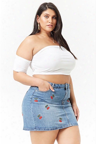 Plus Size Denim Embroidered Cherry Mini Skirt