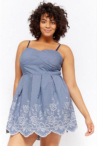 Plus Size Embroidered Gingham Mini Dress