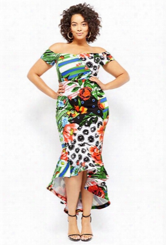 Plus Size Floral Off-the-shoulder Dress