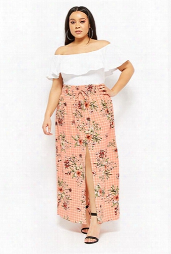 Plus Size Grid & Floral Print Maxi Skirt