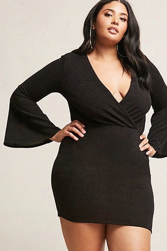 Plus Size Heathered Surplice Bell-sleeve Dress