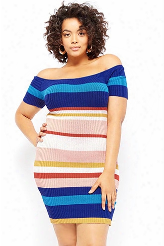 Plus Size Multi-striped Off-the-shoulder Dress