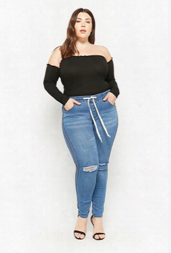 Plus Size Striped Drawstring Jeans