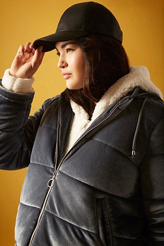 Plus Size Velvet Hooded Puffer Jacket