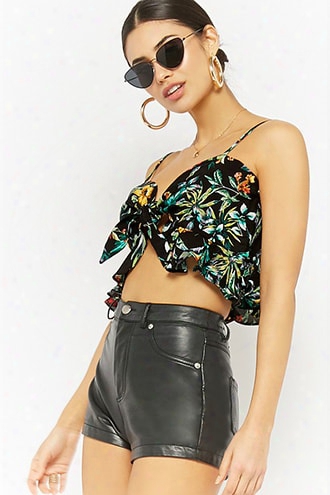 Ruffled Floral Tie-front Crop Top