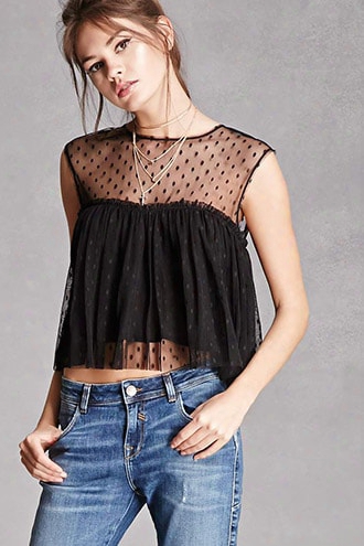 Sheer Dot Mesh Ruffle Top