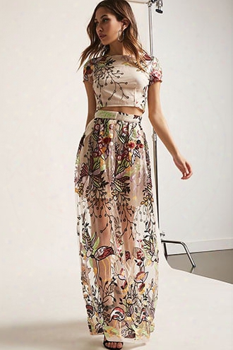 Sheer Mesh Floral Embroidered Crop Top & Maxi Skirt Set