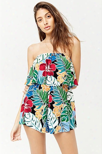 Strapless Floral Print Flounce Romper