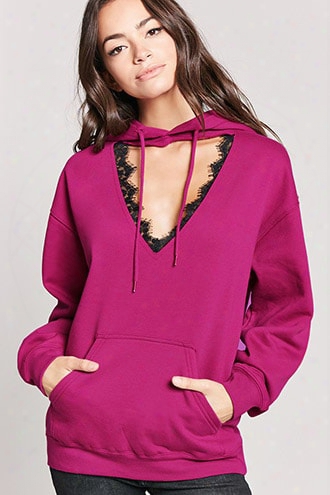 Cutout Lace-trim Fleece Hoodie