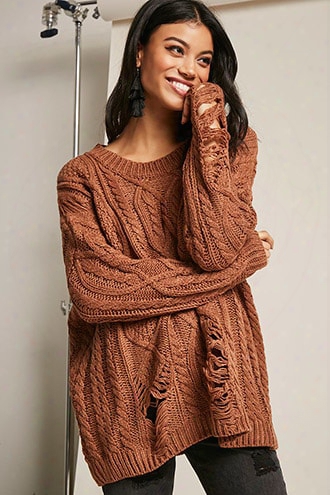 Distressed Cable-knit Sweater