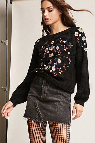 Embroidered Ribbed Balloon-sleeve Sweater