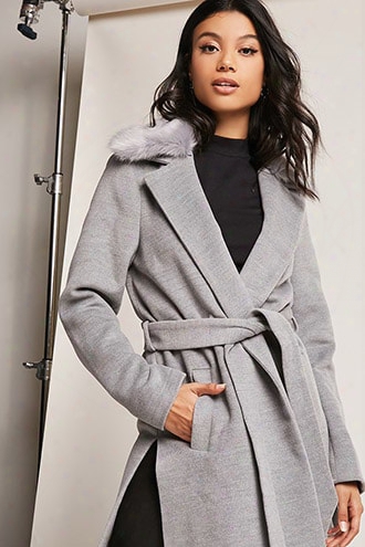 Faux Fur Trimmed Wrap Coat