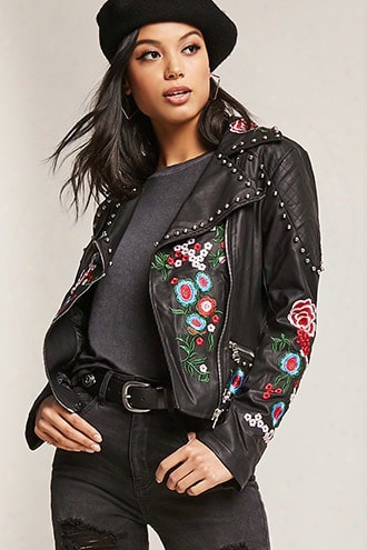 Floral Embroidered Moto Jacket