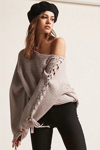 Lace-up Sleeve Ribbed Knit Sweater