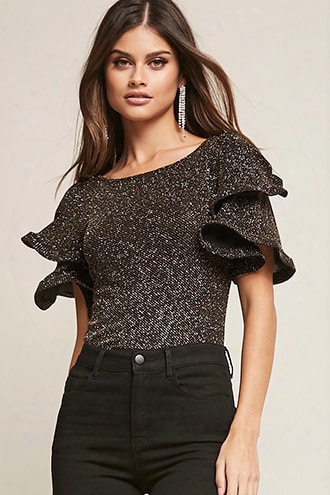 Metallic Semi-sheer Ruffle-sleeve Top