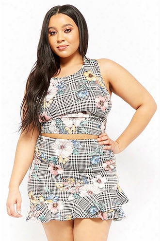 Plus Size Houndstooth Floral Top & Skirt Set