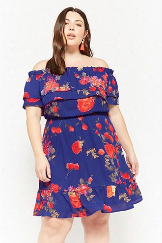 Plus Size Ruffled Floral Off-the-shoulder Dress