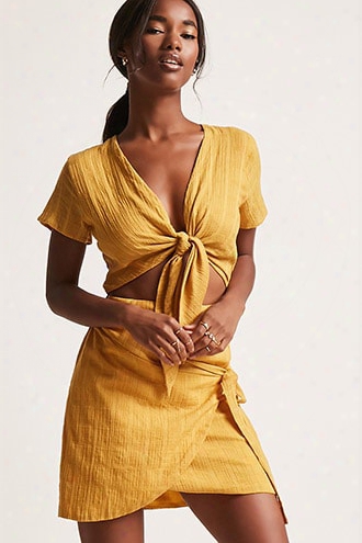 Reverse Textured Self-tie Wrap Dress