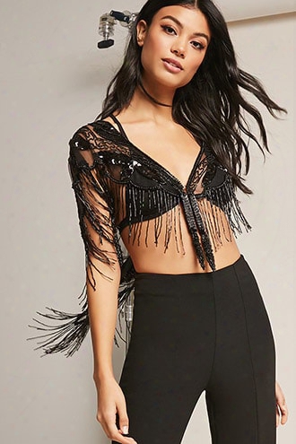 Sheer Baroque-inspired Sequin Fringe Top