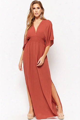 Sheer Plunging Smocked Maxi Dress