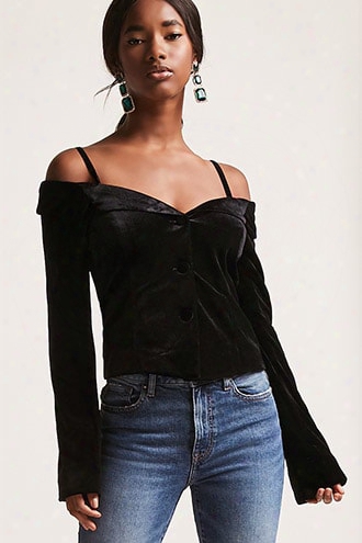 Velvet Open-shoulder Button Down Top