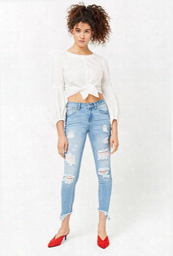 Distressed Fringed Push-up Capri Jeans