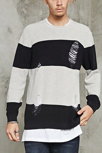 Distressed Stripe Crew Neck Sweater