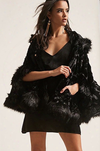 Faux Fur Hooded Poncho Jacket